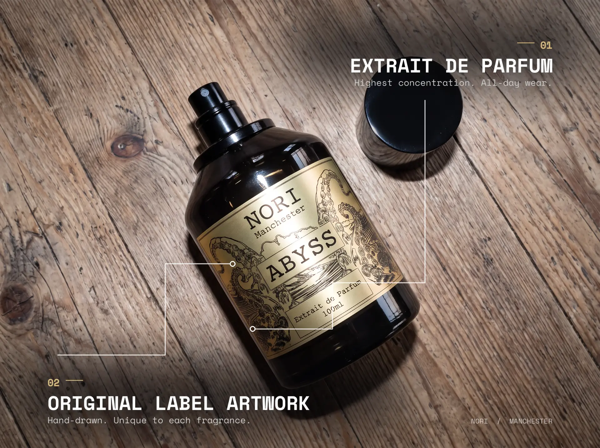 NORI Abyss bottle from above, hand-drawn label artwork and cap detail