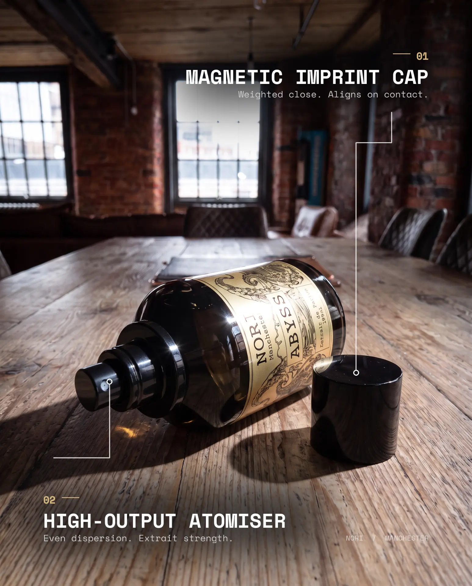 NORI Abyss atomiser and magnetic cap detail on a Manchester loft table